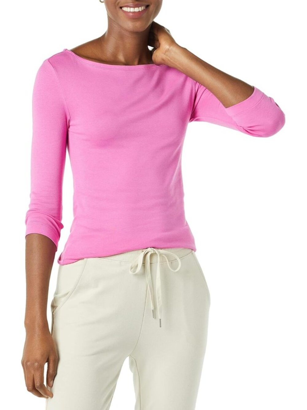 Women's Bright Pink Slim-fit 3/4 Sleeve Boat Neck Cotton Modal Micro Rib T-shirt